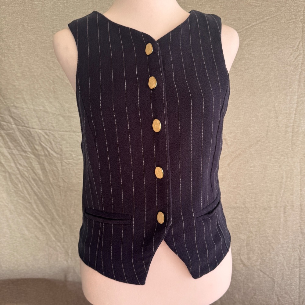 Monteau Los Angeles Navy Pinstripe Vest Gold Button Linen Blend Size M